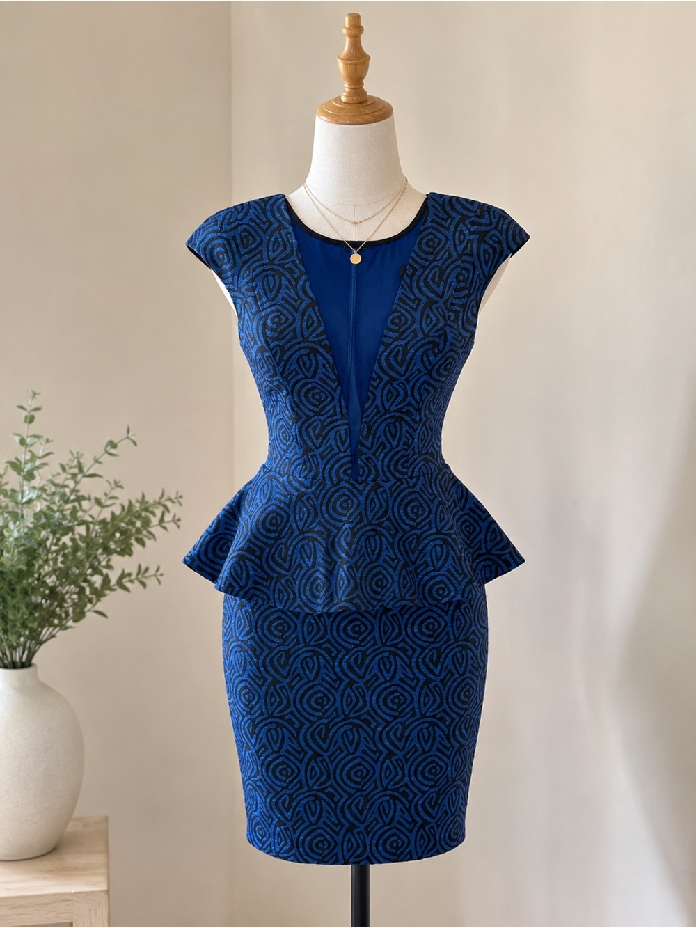 Eva Franco Vintage Navy & Black Patterned Peplum Sheath Dress